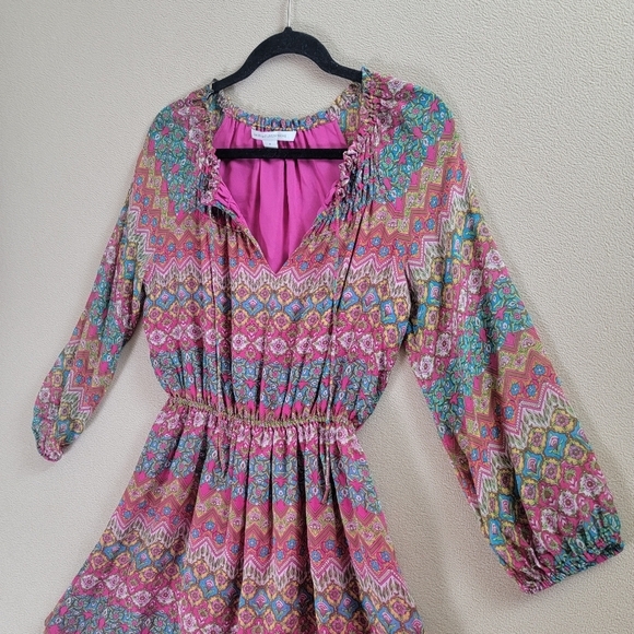 Diane von‎ Furstenberg Parry Dress Women 4 Pink Silk Geometric Floral Mini Boho - Picture 4 of 15